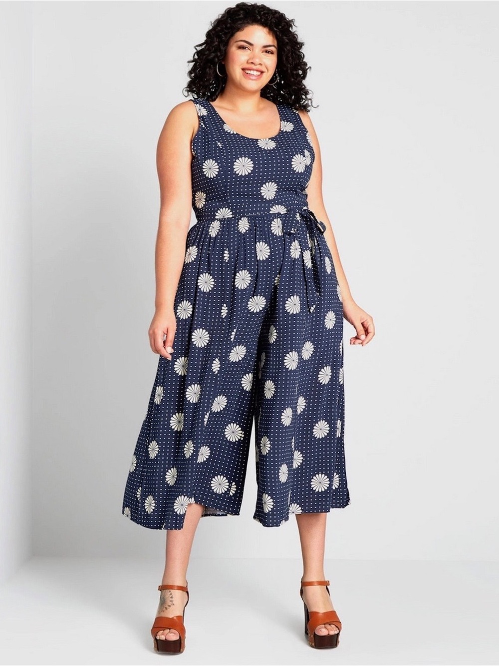 ModCloth Navy Floral Wide-Leg Jumpsuit